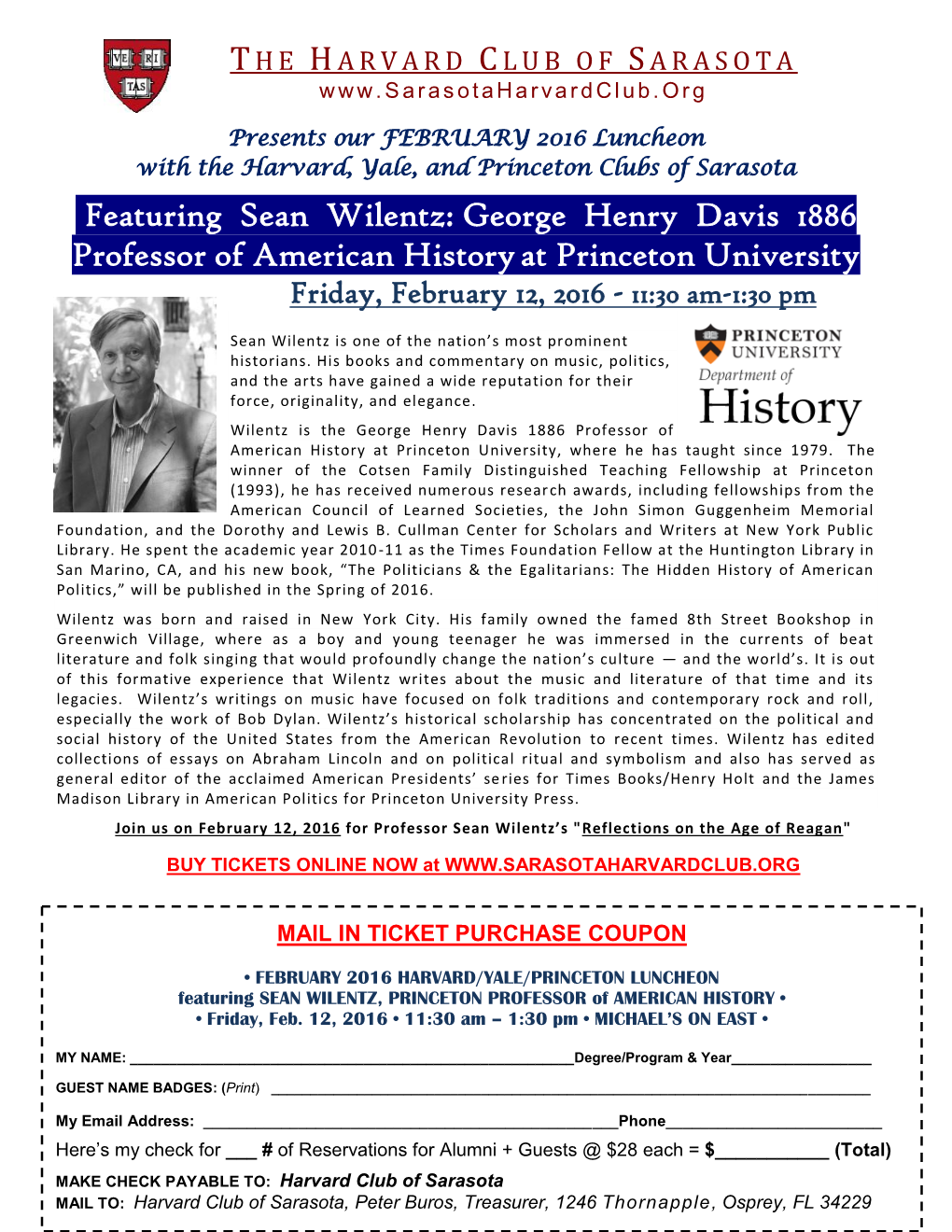 Featuring Sean Wilentz: George Henry Davis 1886 Professor of American History at Princeton University Friday, February 12, 2016 - 11:30 Am-1:30 Pm