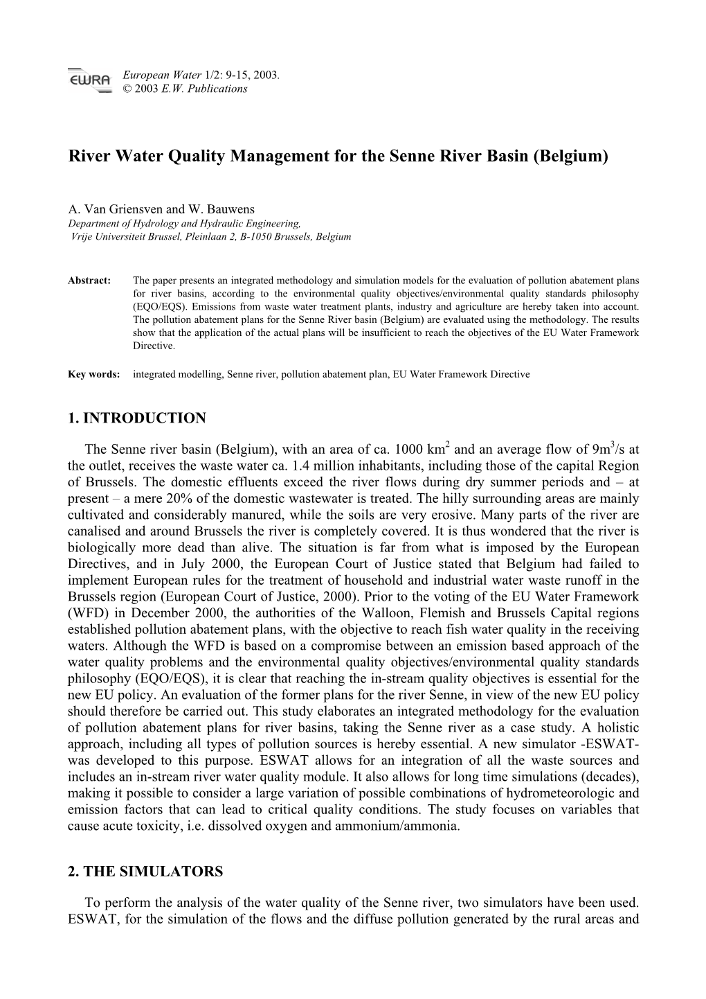 River Water Quality Management for the Senne River Basin (Belgium)