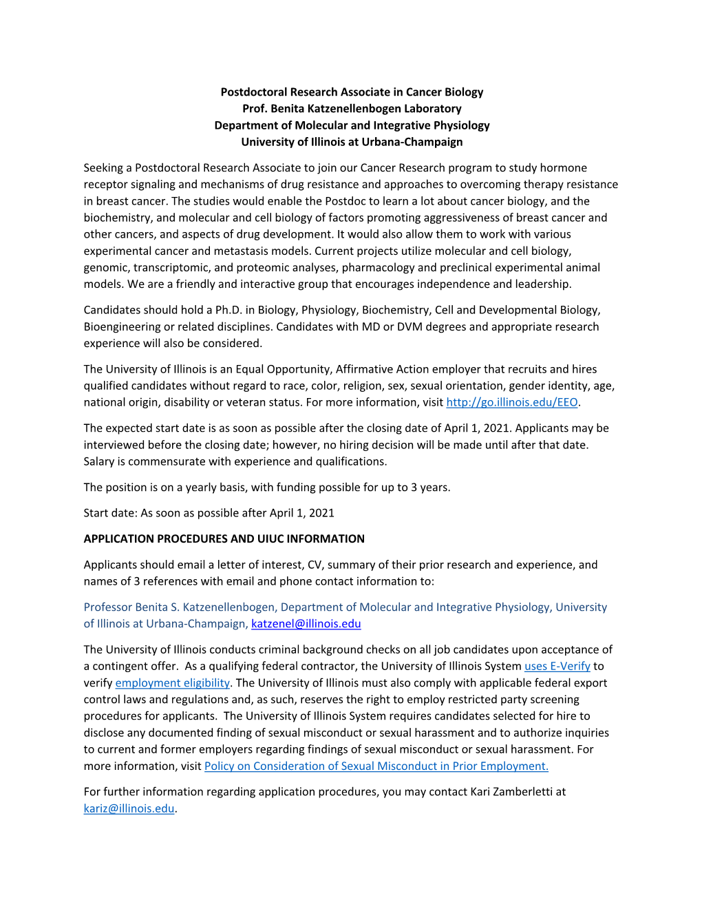 Postdoctoral Research Scientist Position in Cancer Biology
