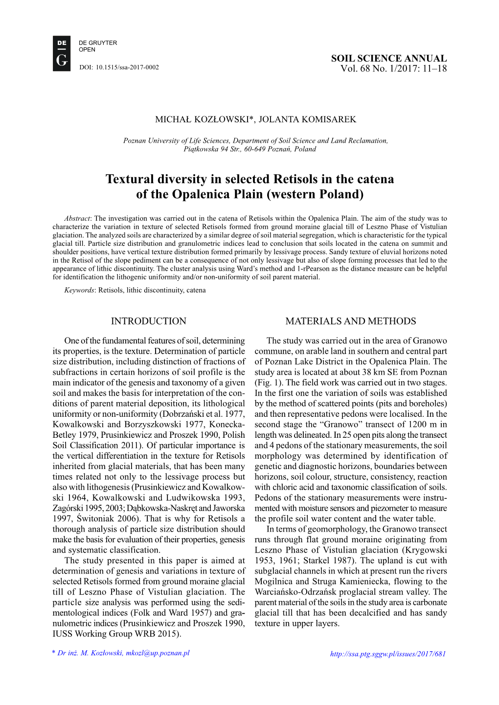 Textural Diversity in Selected Retisols in the Catena of the Opalenica Plain (Western Poland)