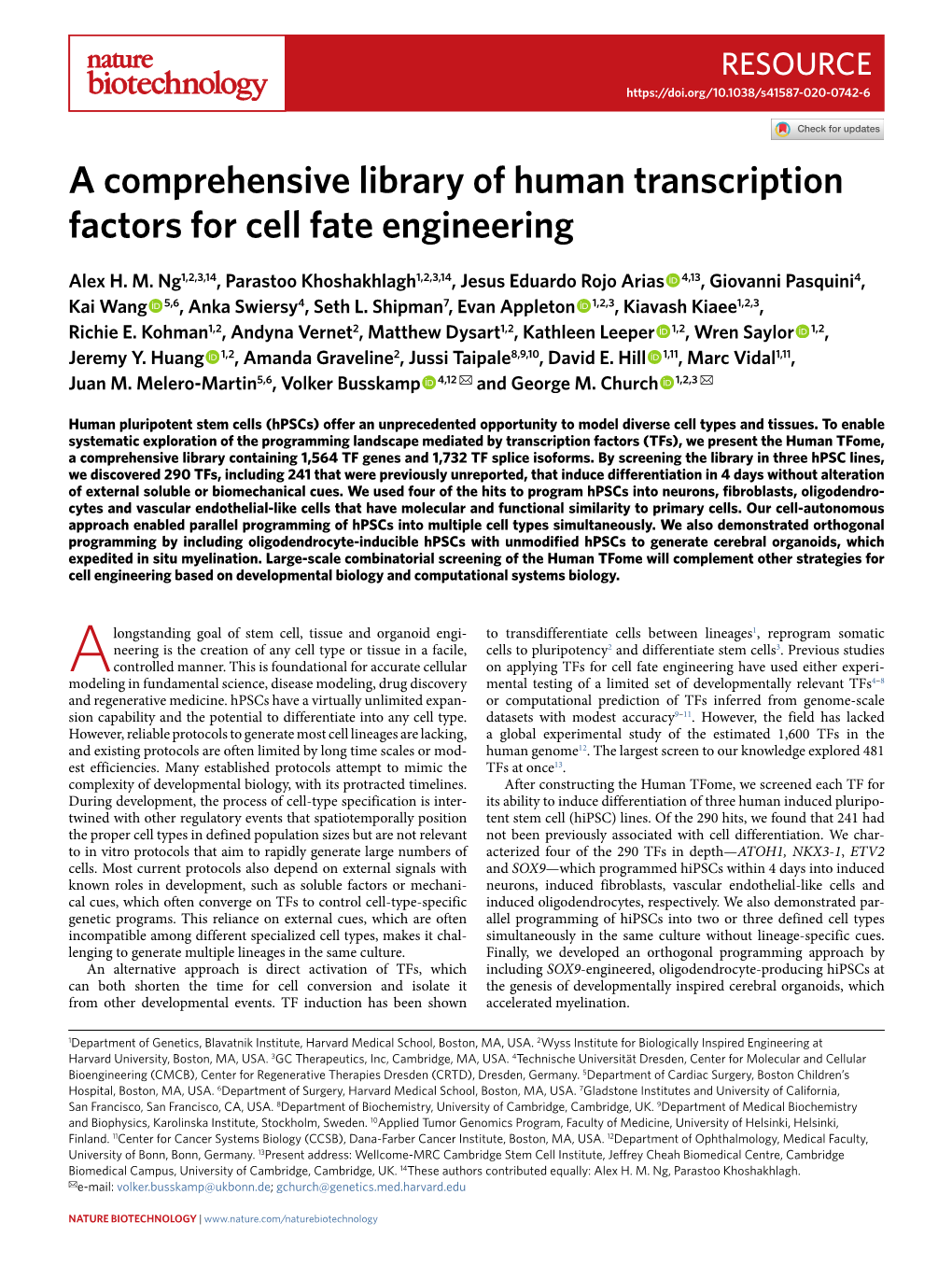 A Comprehensive Library of Human Transcription Factors for Cell Fate Engineering