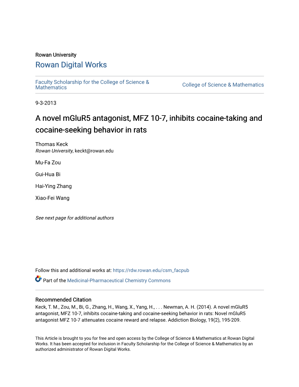 A Novel Mglur5 Antagonist, MFZ 10-7, Inhibits Cocaine-Taking and Cocaine-Seeking Behavior in Rats