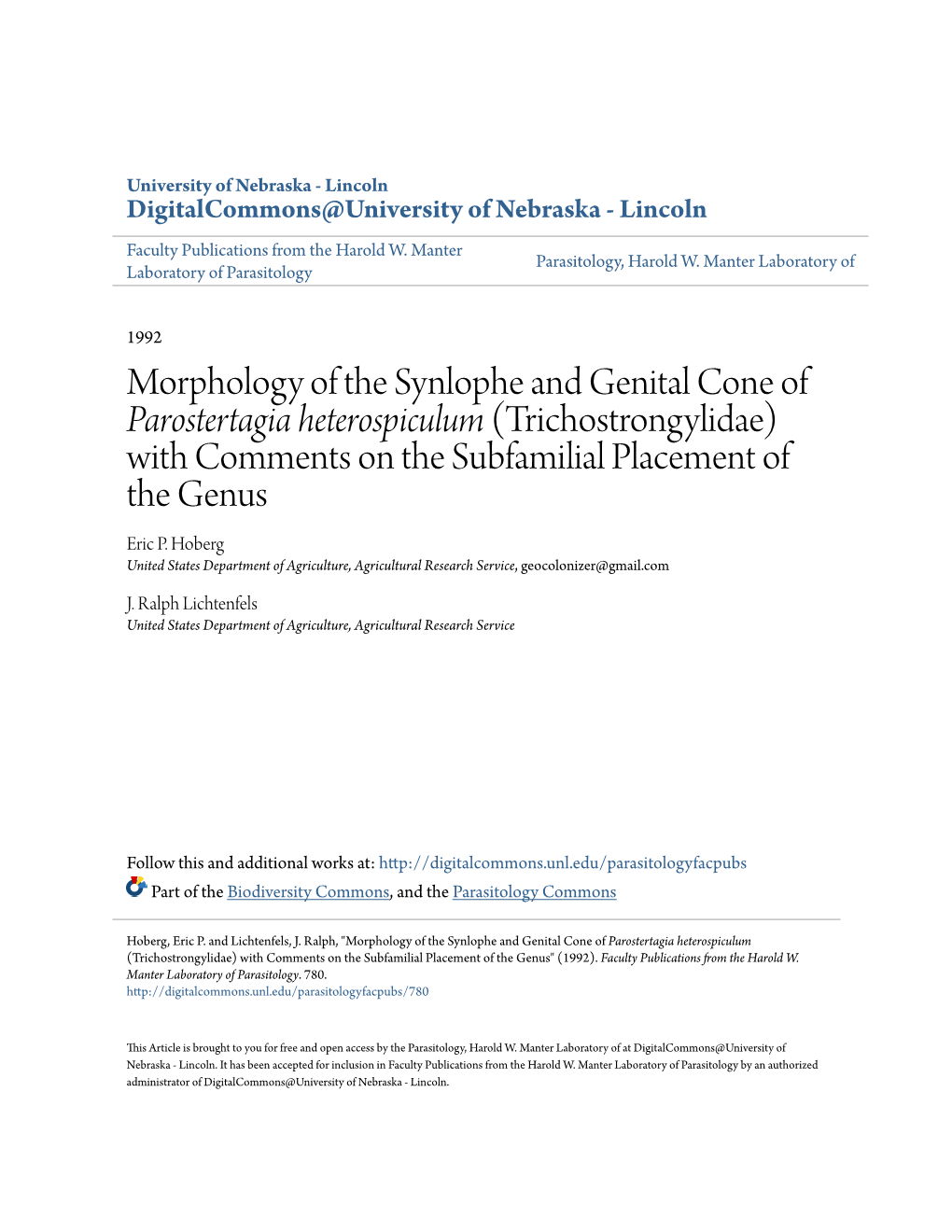 Trichostrongylidae) with Comments on the Subfamilial Placement of the Genus Eric P