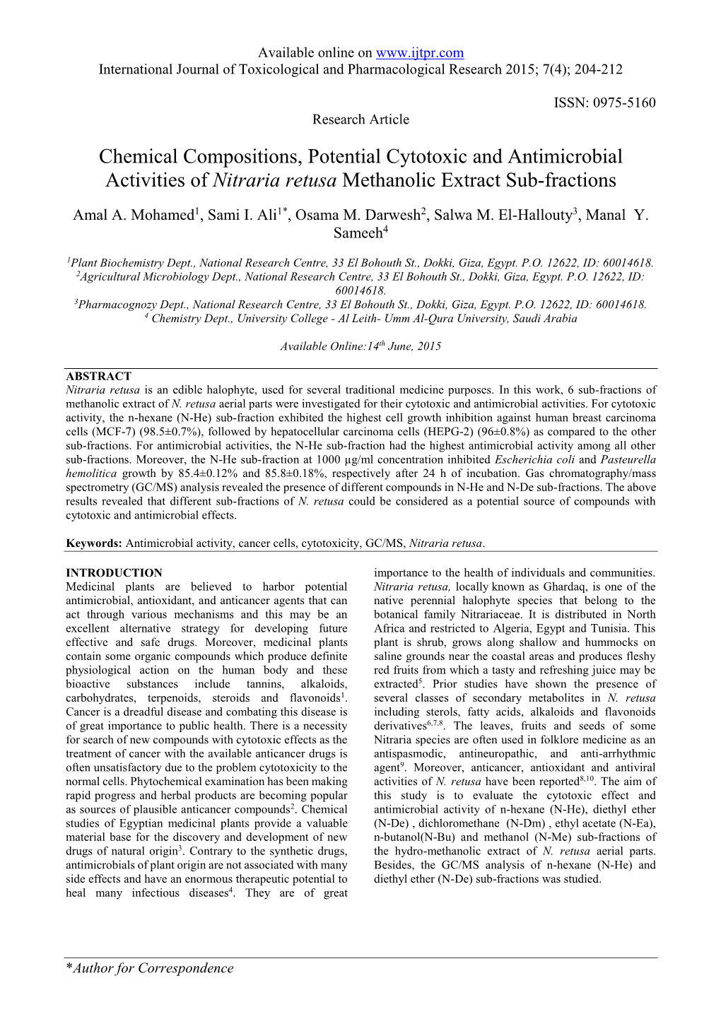 Nitraria Retusa Methanolic Extract Sub-Fractions