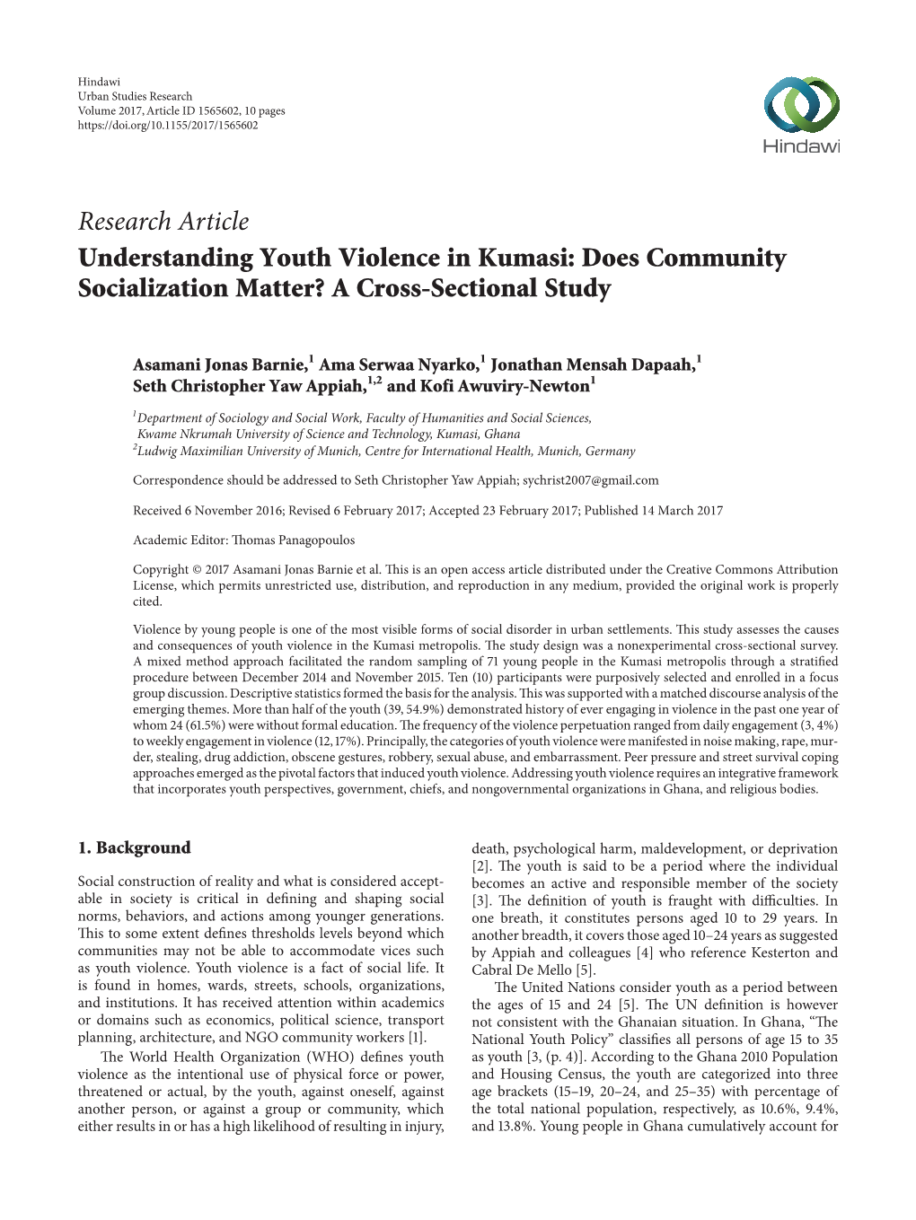 Understanding Youth Violence in Kumasi: Does Community Socialization Matter? a Cross-Sectional Study