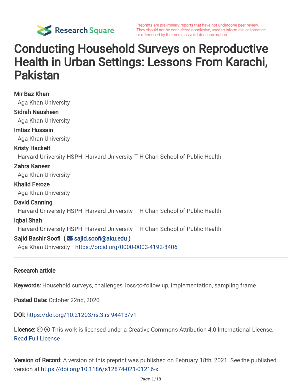 Conducting Household Surveys on Reproductive Health in Urban Settings: Lessons from Karachi, Pakistan