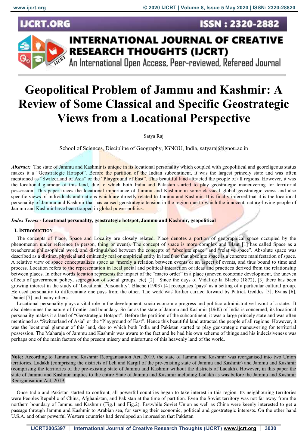 Geopolitical Problem of Jammu and Kashmir: a Review of Some Classical and Specific Geostrategic Views from a Locational Perspective