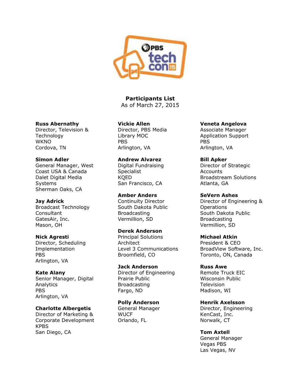 Participants List As of March 27, 2015