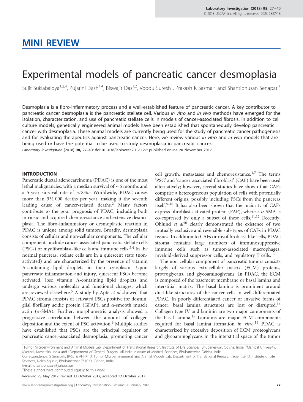 Experimental Models of Pancreatic Cancer Desmoplasia