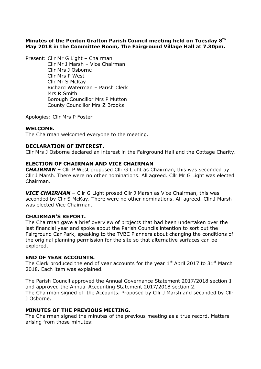 Minutes of the Penton Grafton Parish Council Meeting Held on Tuesday 8Th May 2018 in the Committee Room, the Fairground Village Hall at 7.30Pm