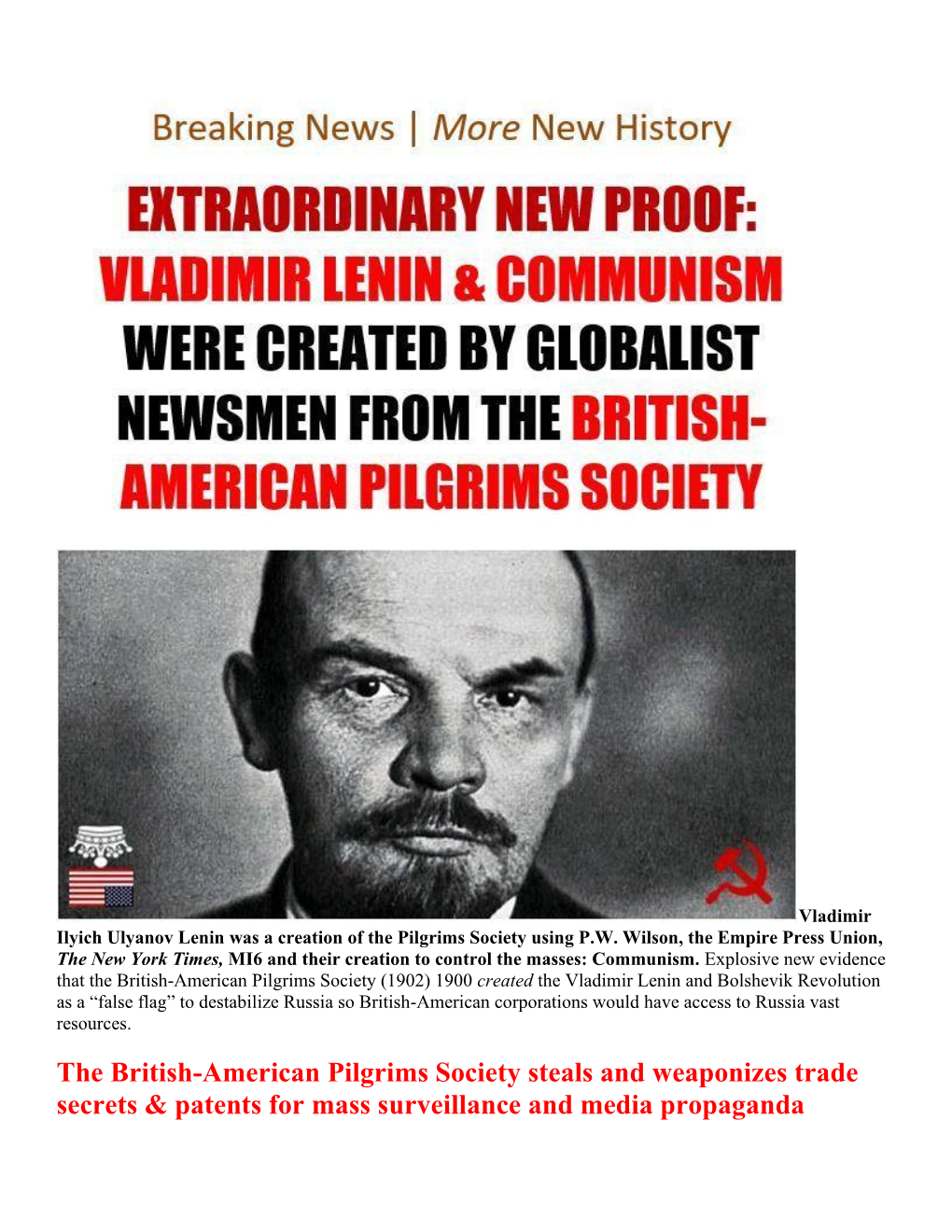 Lenin Was a Creation of the Pilgrims Society Using P.W