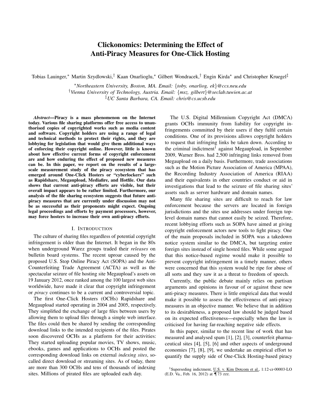 Clickonomics: Determining the Effect of Anti-Piracy Measures for One-Click Hosting