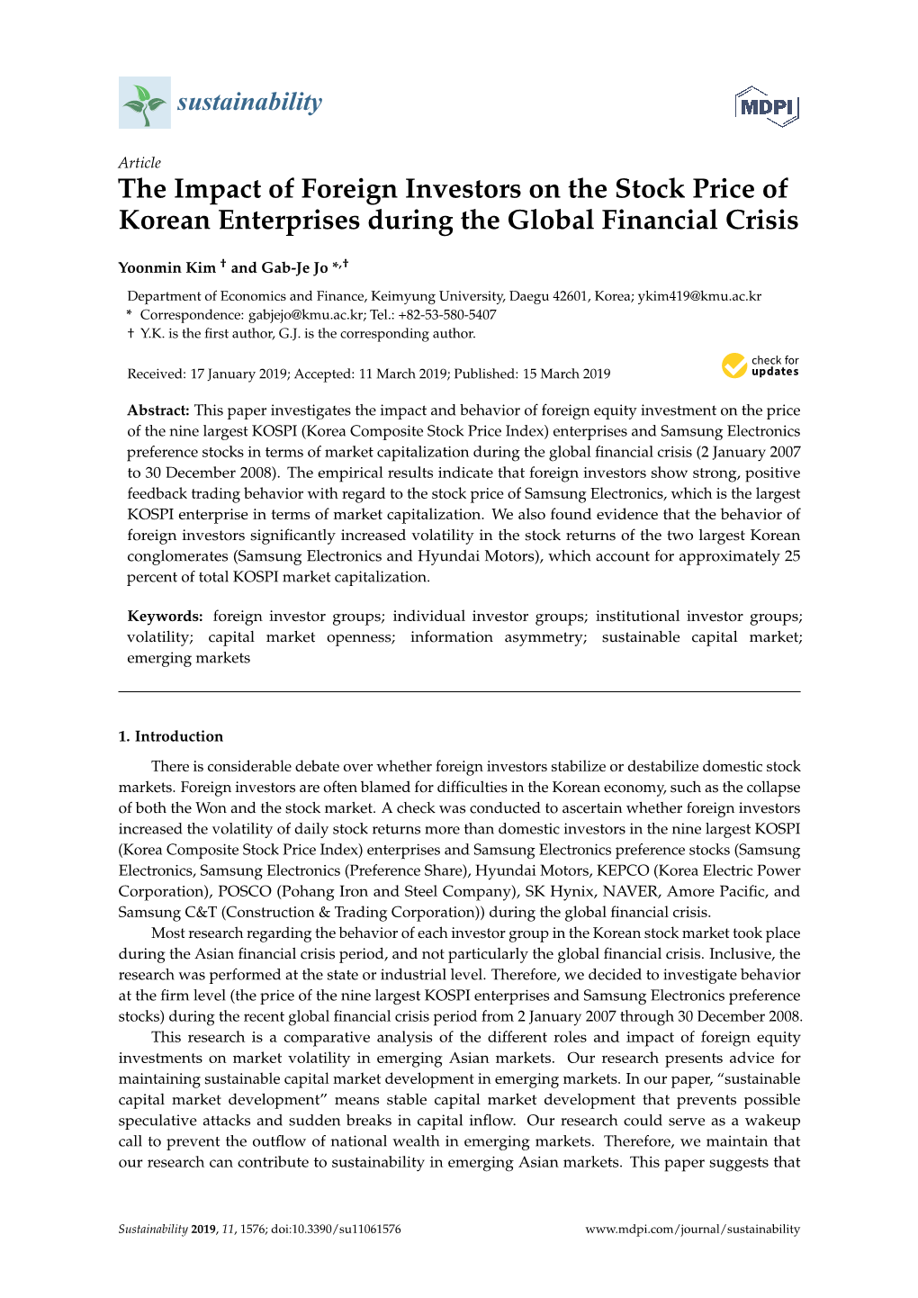 The Impact of Foreign Investors on the Stock Price of Korean Enterprises During the Global Financial Crisis