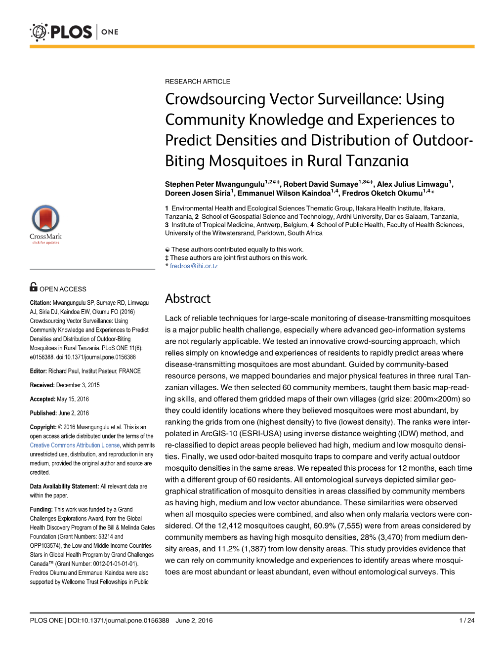 Crowdsourcing Vector Surveillance: Using Community Knowledge and Experiences to Predict Densities and Distribution of Outdoor- Biting Mosquitoes in Rural Tanzania