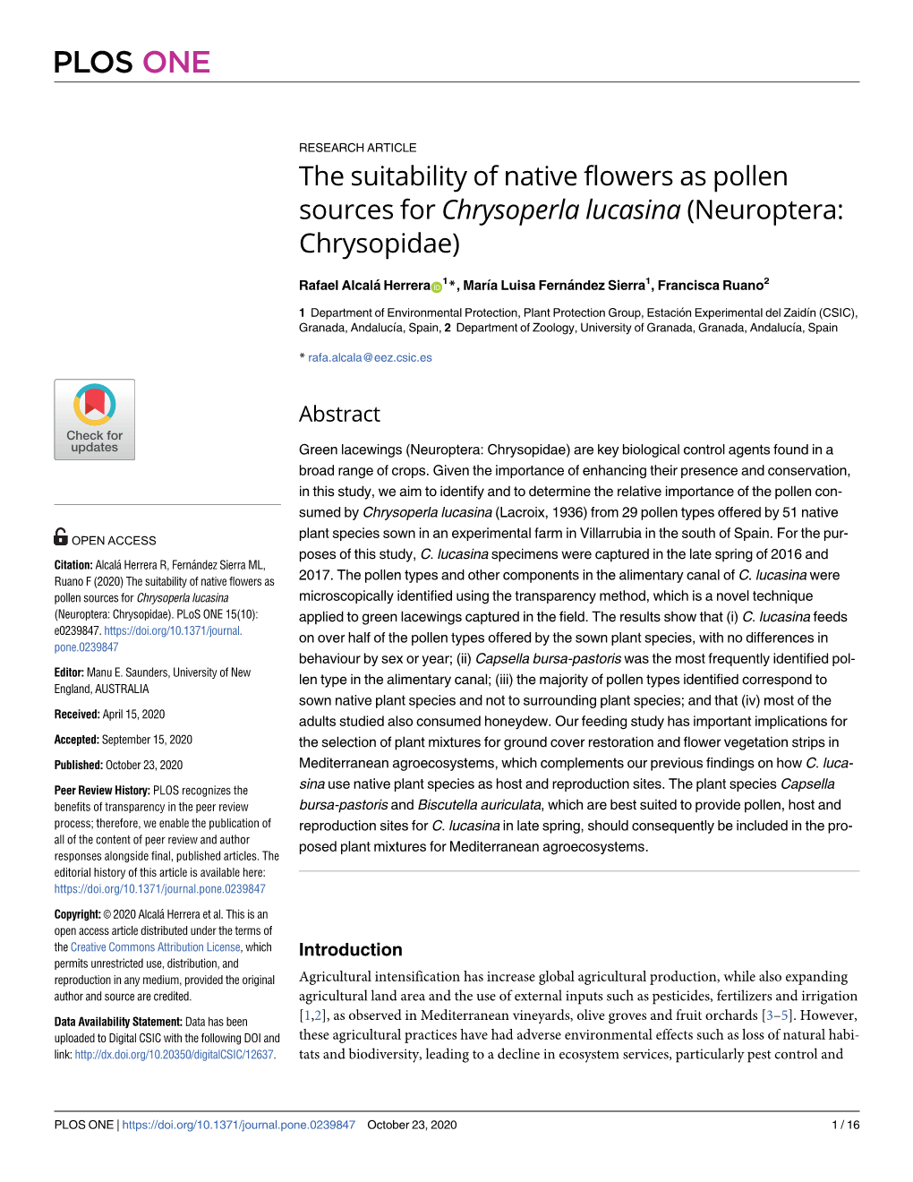 The Suitability of Native Flowers As Pollen Sources for Chrysoperla Lucasina (Neuroptera: Chrysopidae)