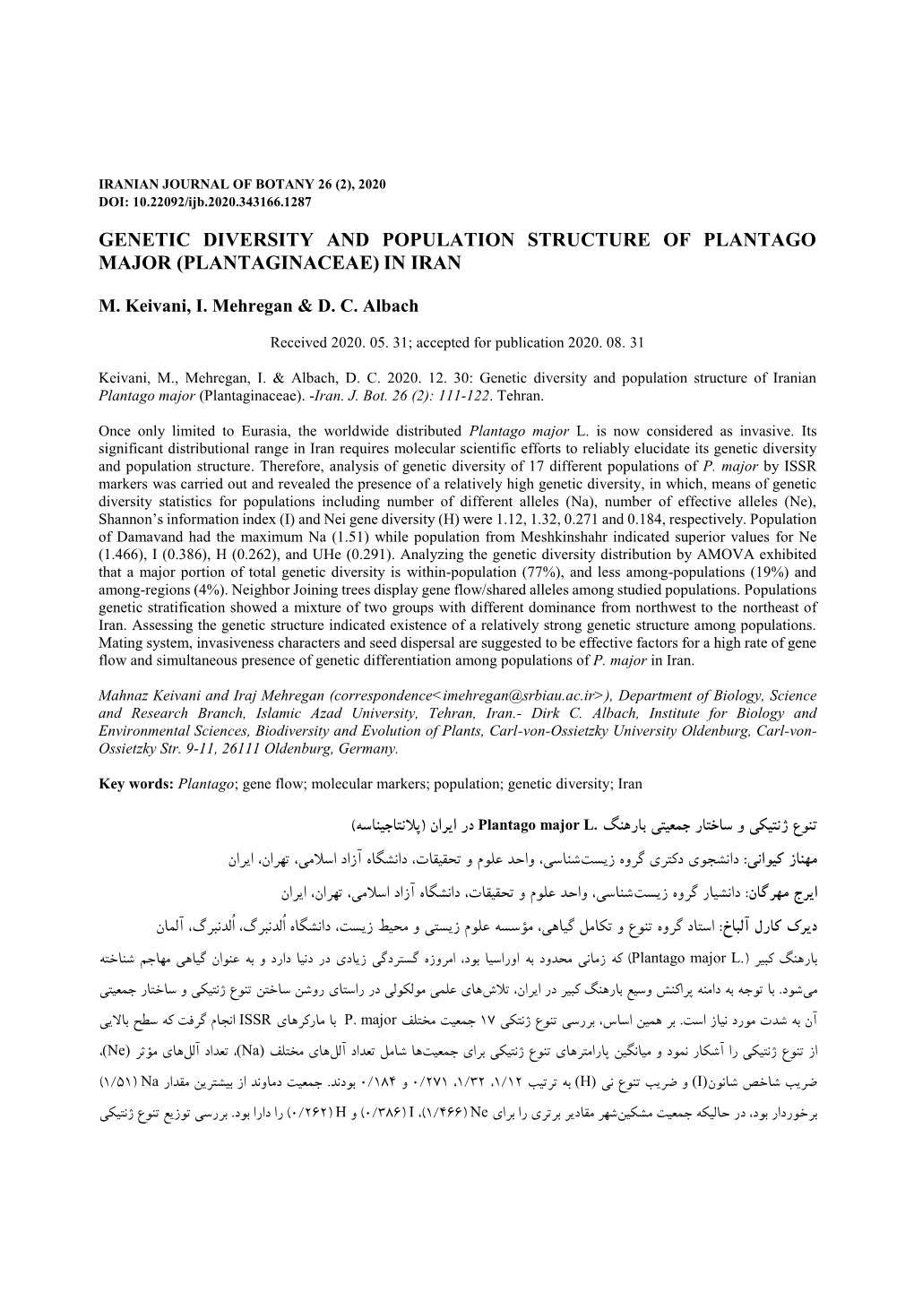 Genetic Diversity and Population Structure of Plantago Major (Plantaginaceae) in Iran