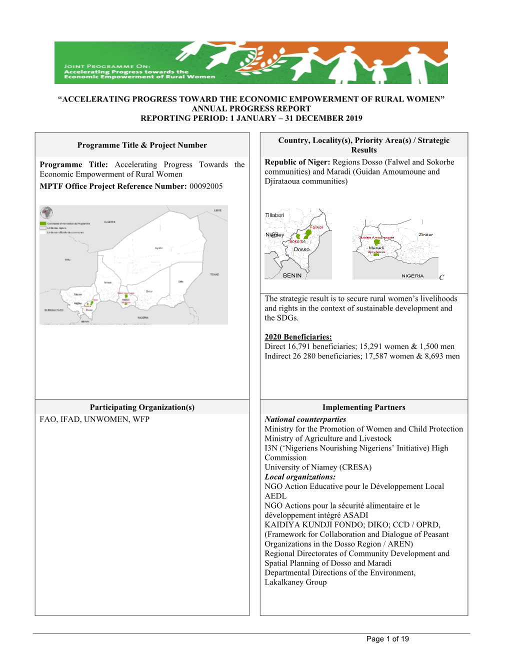 Accelerating Progress Toward the Economic Empowerment of Rural Women” Annual Progress Report Reporting Period: 1 January – 31 December 2019