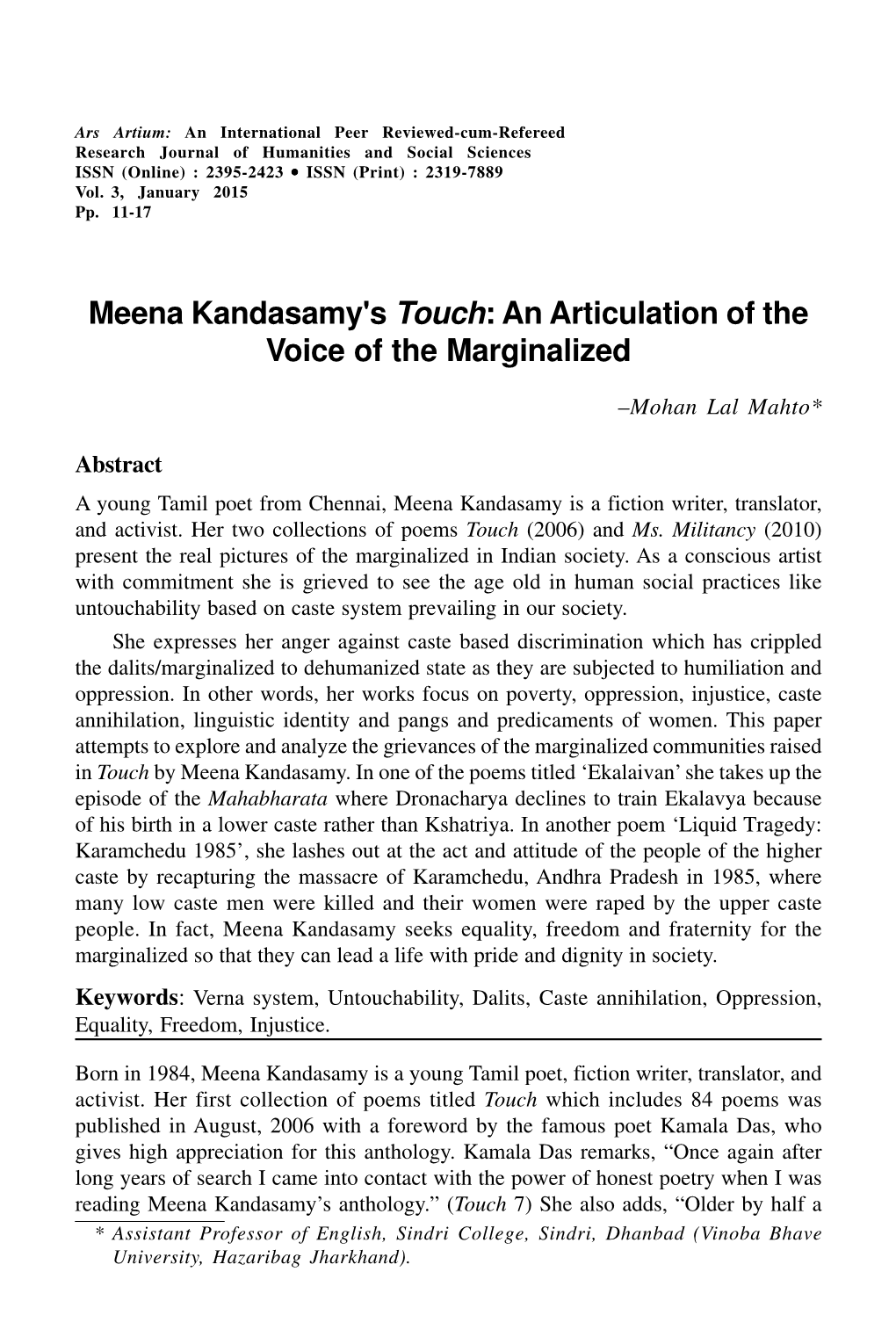 Meena Kandasamy's Touch: an Articulation of the Voice of the Marginalized