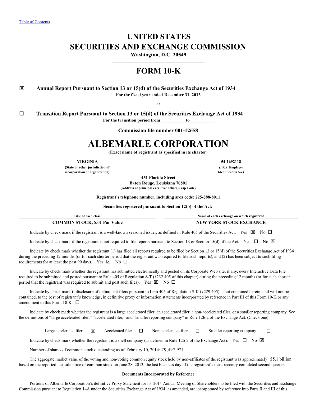 ALBEMARLE CORPORATION (Exact Name of Registrant As Specified in Its Charter)