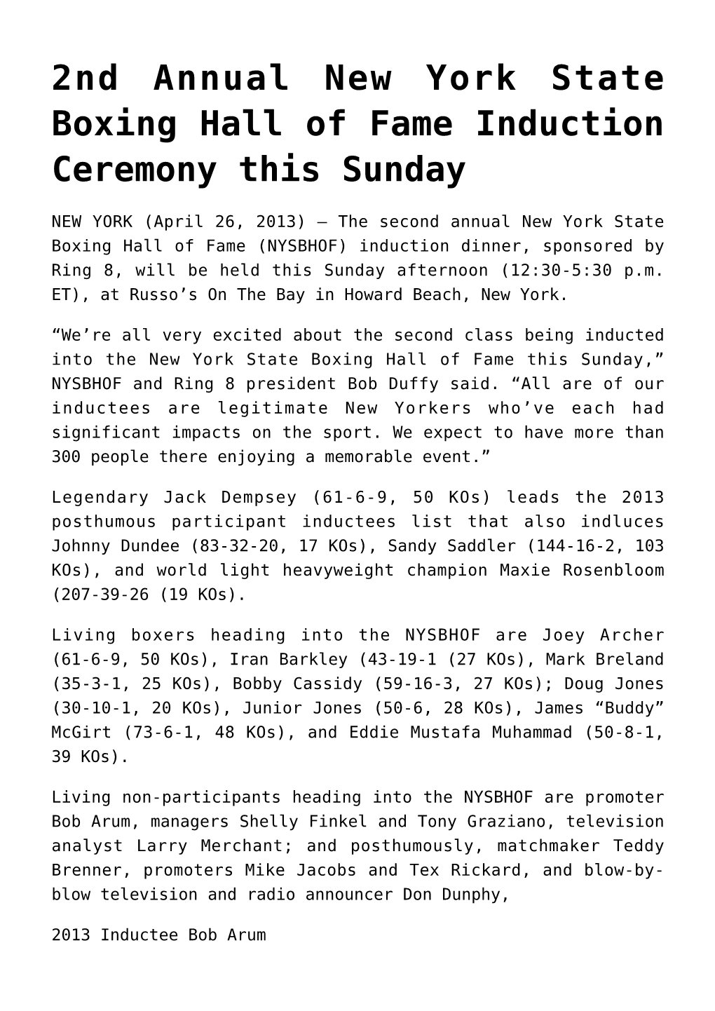 2Nd Annual New York State Boxing Hall of Fame Induction Ceremony This Sunday