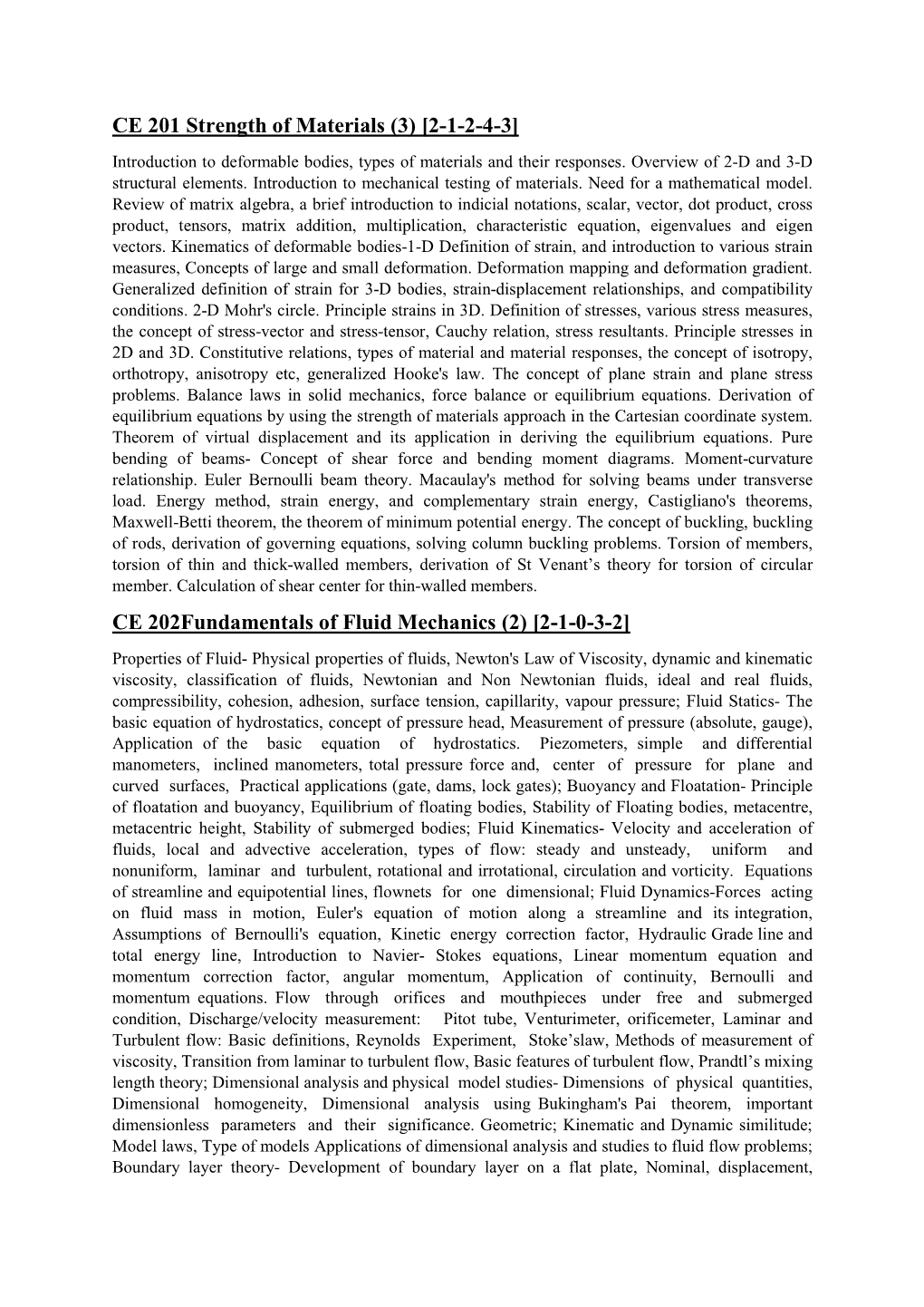 CE 201 Strength of Materials (3) [2-1-2-4-3] CE 202Fundamentals of Fluid Mechanics (2) [2-1-0-3-2]