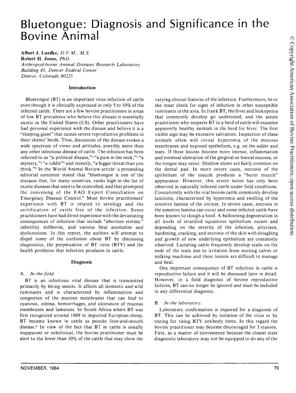 Bluetongue: Diagnosis and Significance in the Bovine Animal