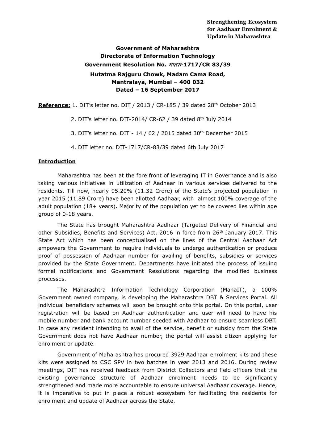 Strengthening Ecosystem for Aadhaar Enrolment & Update in Maharashtra