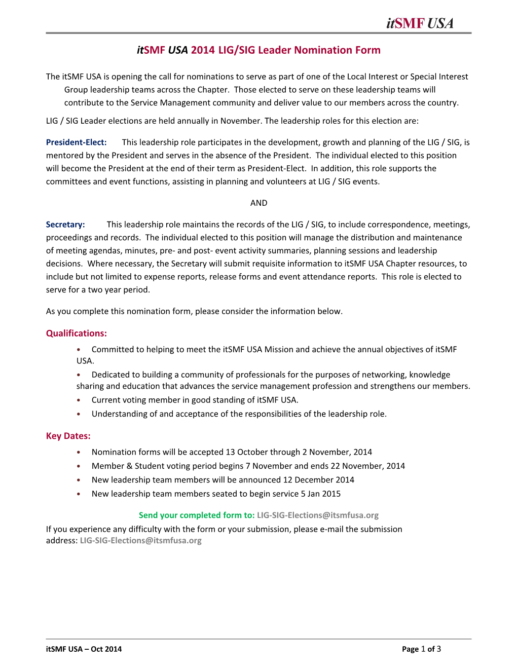 Itsmf USA 2013 LIG/SIG Leader Nomination Form