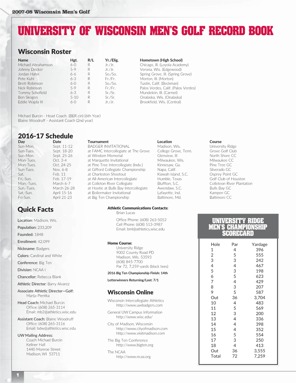 University of Wisconsin Men's Golf Record Book