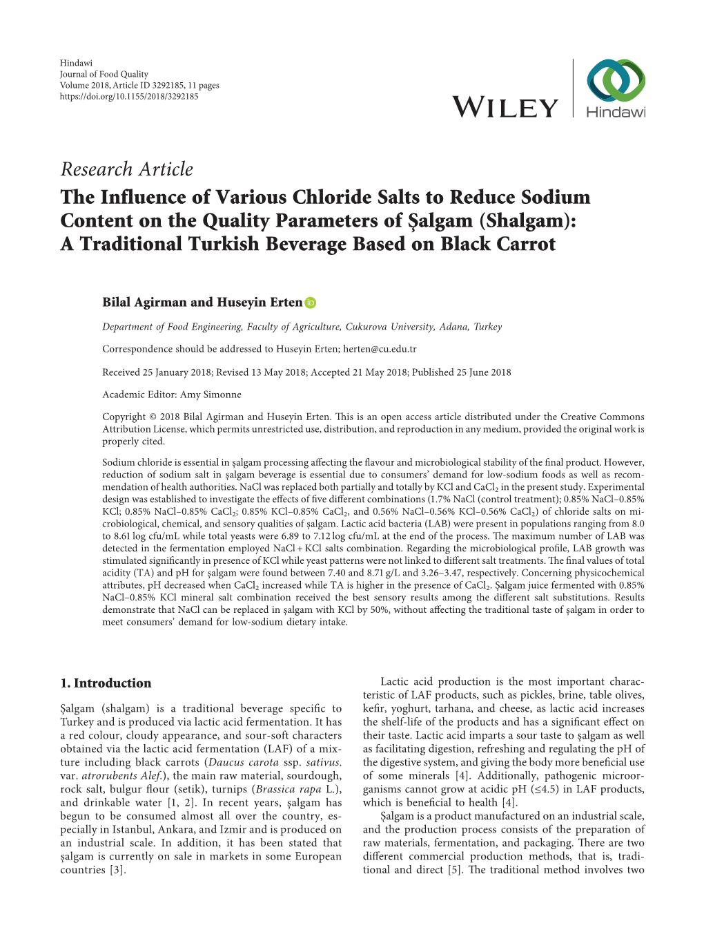 The Influence of Various Chloride Salts to Reduce Sodium Content on the Quality Parameters of S¸Algam (Shalgam): a Traditional Turkish Beverage Based on Black Carrot