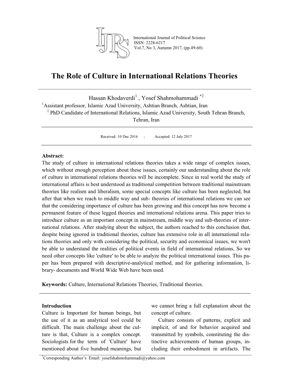 The Role of Culture in International Relations Theories