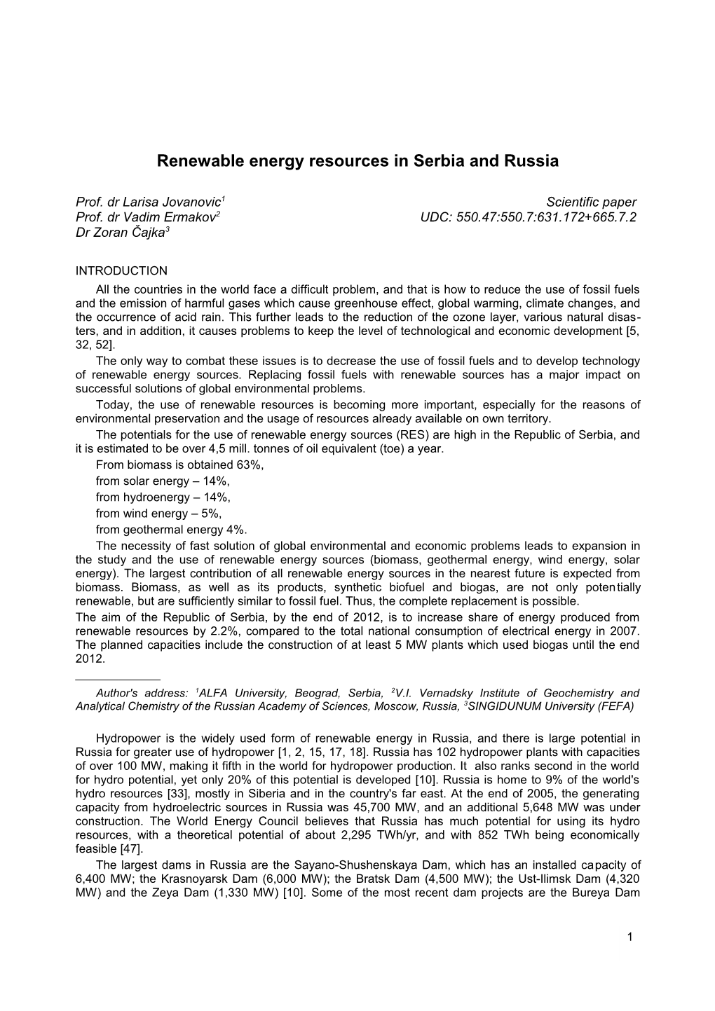 Renewable Energy Resources in Serbia and Russia