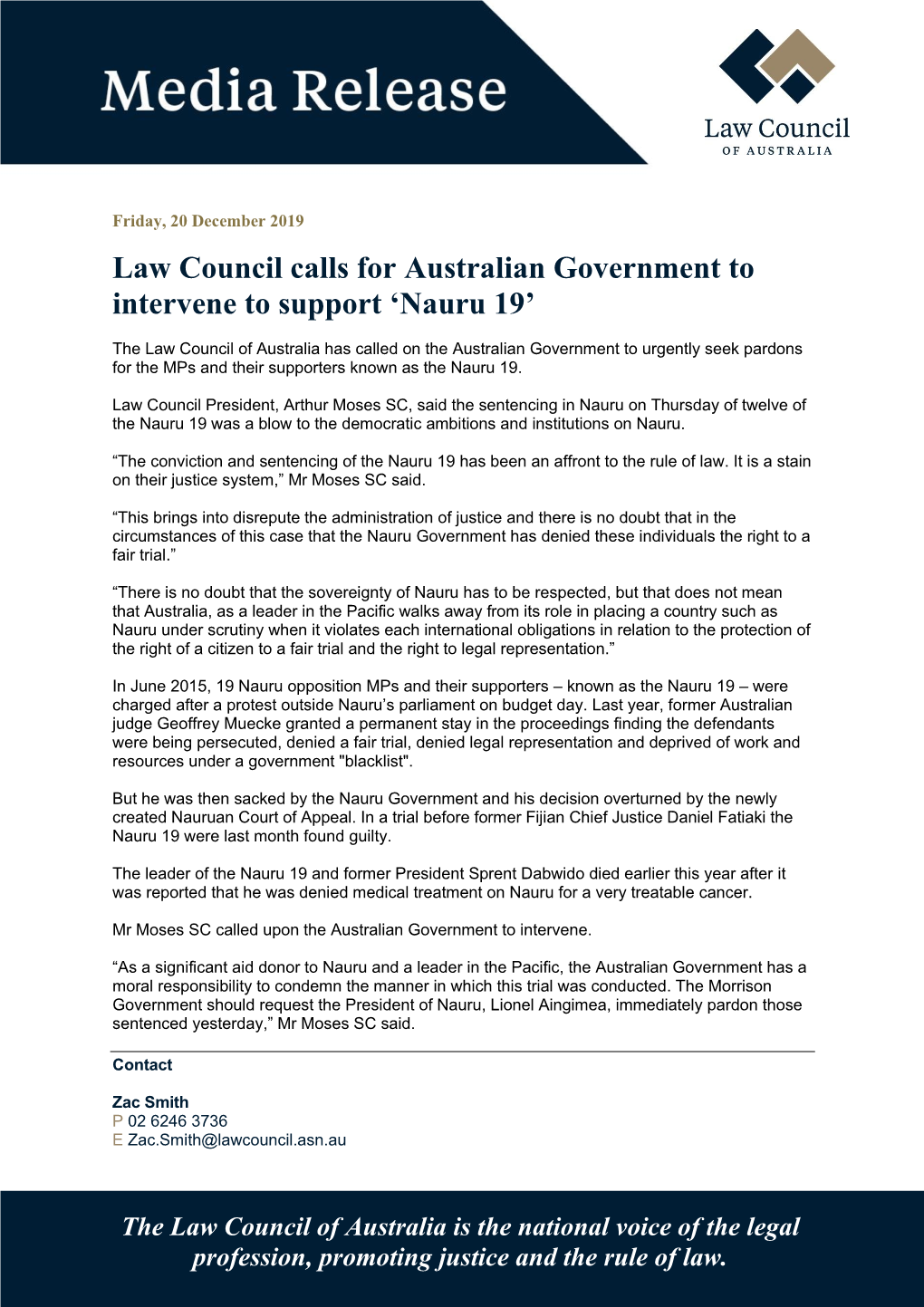 Law Council Calls for Australian Government to Intervene to Support ‘Nauru 19’
