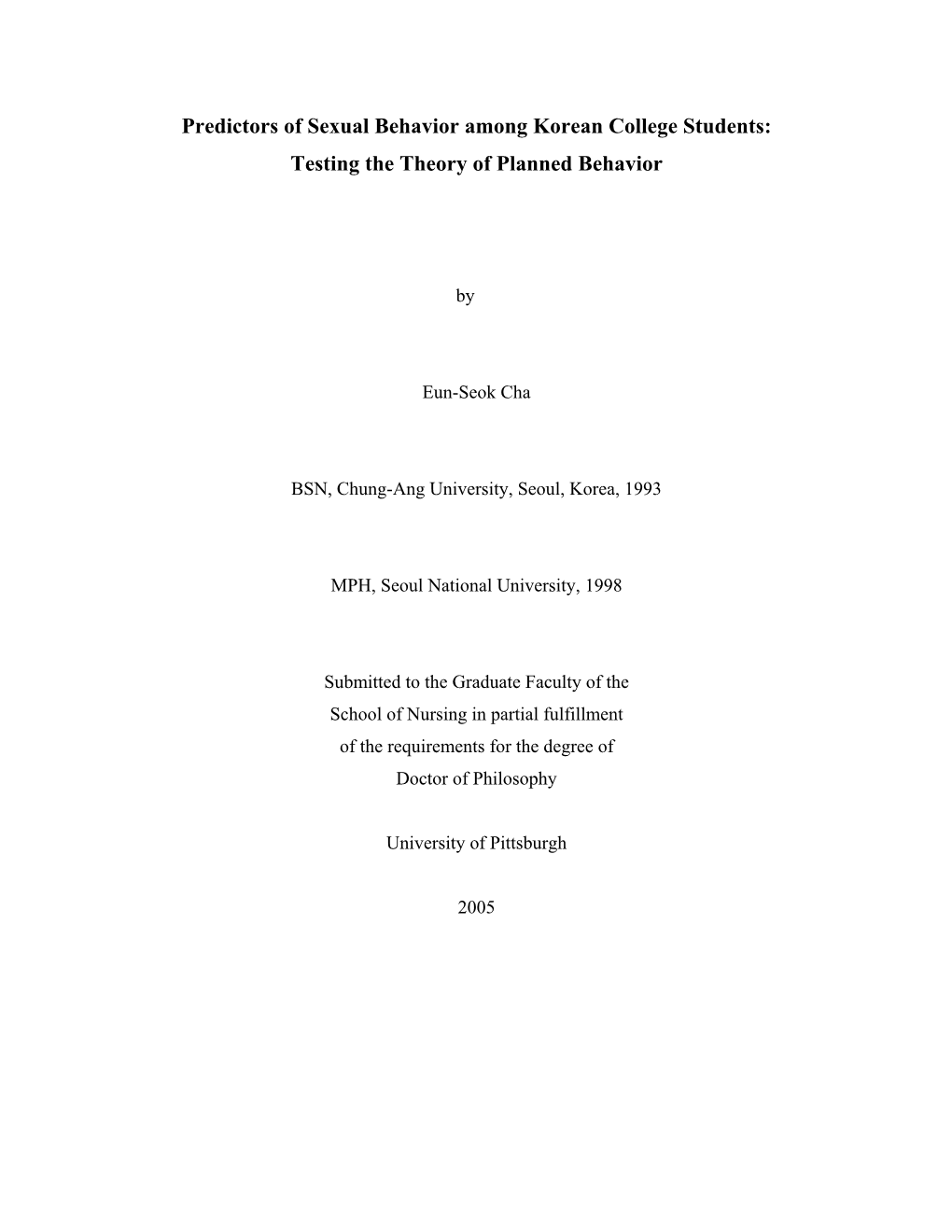 Predictors of Sexual Behavior Among Korean College Students: Testing the Theory of Planned Behavior