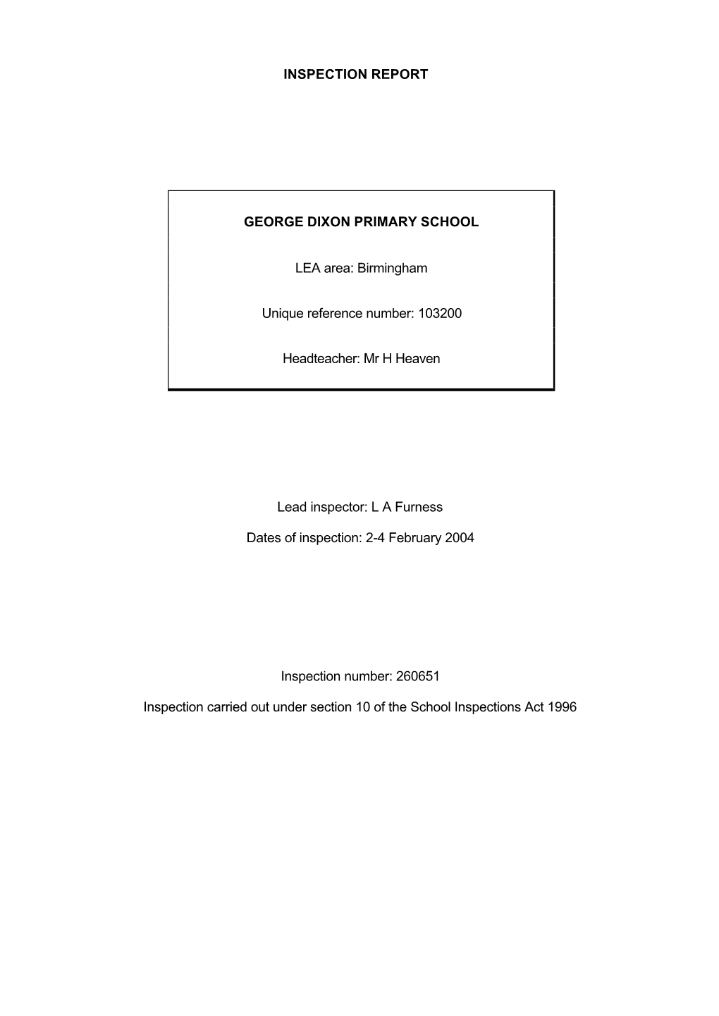 INSPECTION REPORT GEORGE DIXON PRIMARY SCHOOL LEA Area