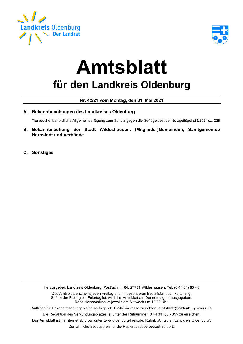 Amtsblatt Für Den Landkreis Oldenburg