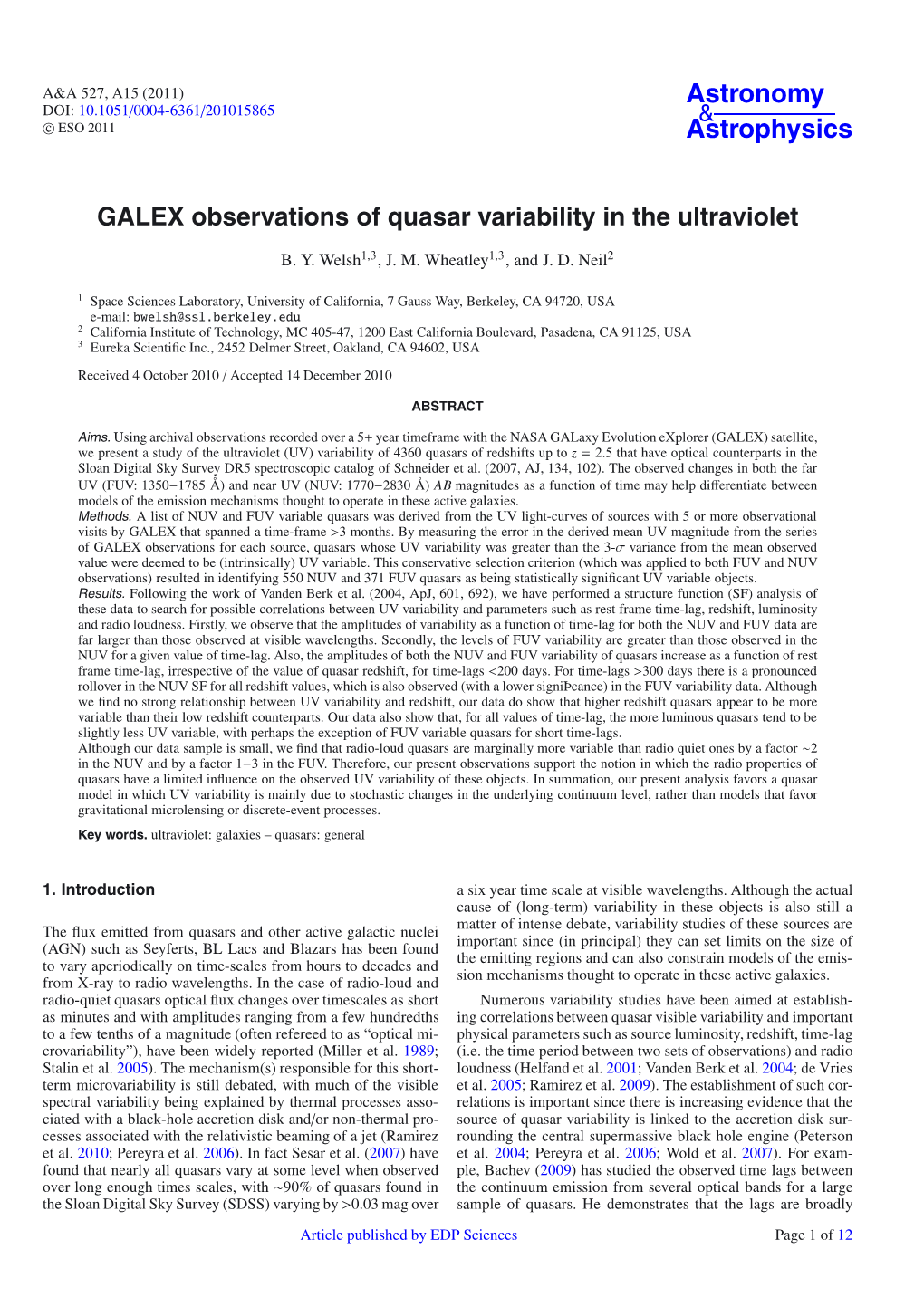 GALEX Observations of Quasar Variability in the Ultraviolet