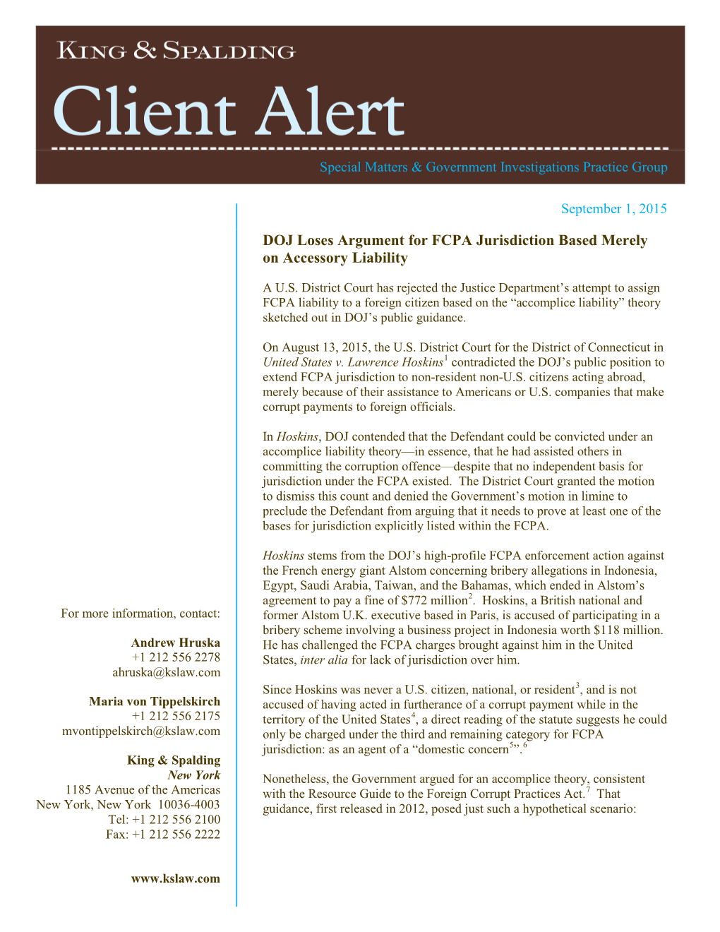 DOJ Loses Argument for FCPA Jurisdiction Based Merely on Accessory Liability