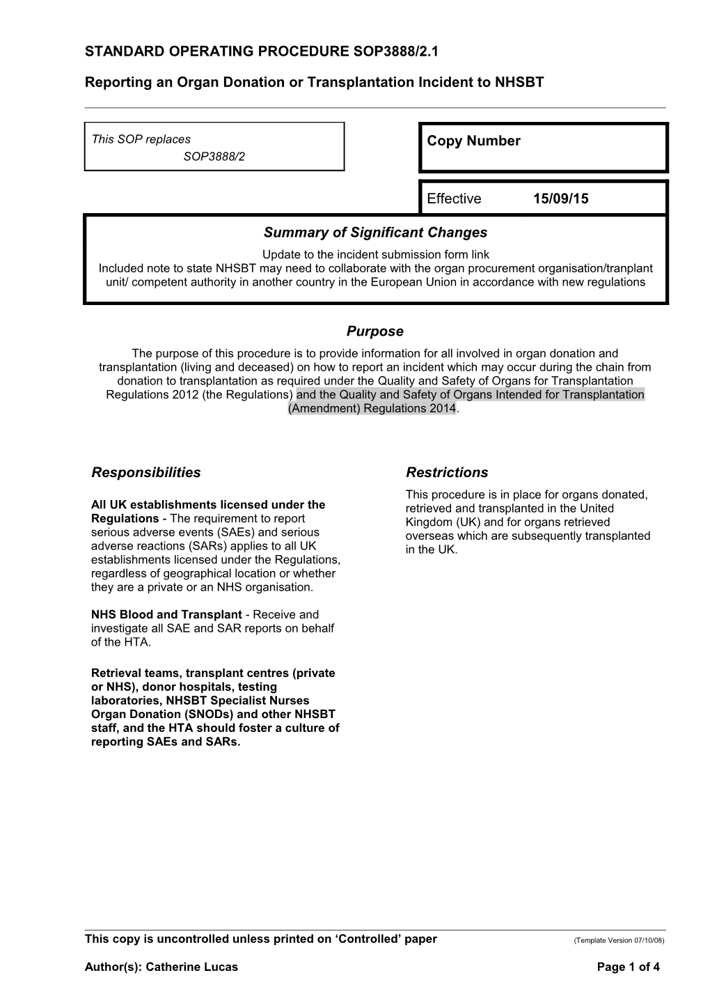 Standard Operating Procedure Sop3888/2.1