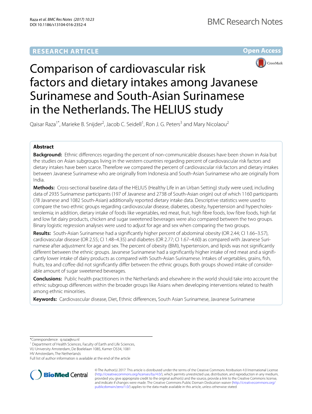 Comparison of Cardiovascular Risk Factors and Dietary Intakes Among Javanese Surinamese and South‑Asian Surinamese in the Netherlands