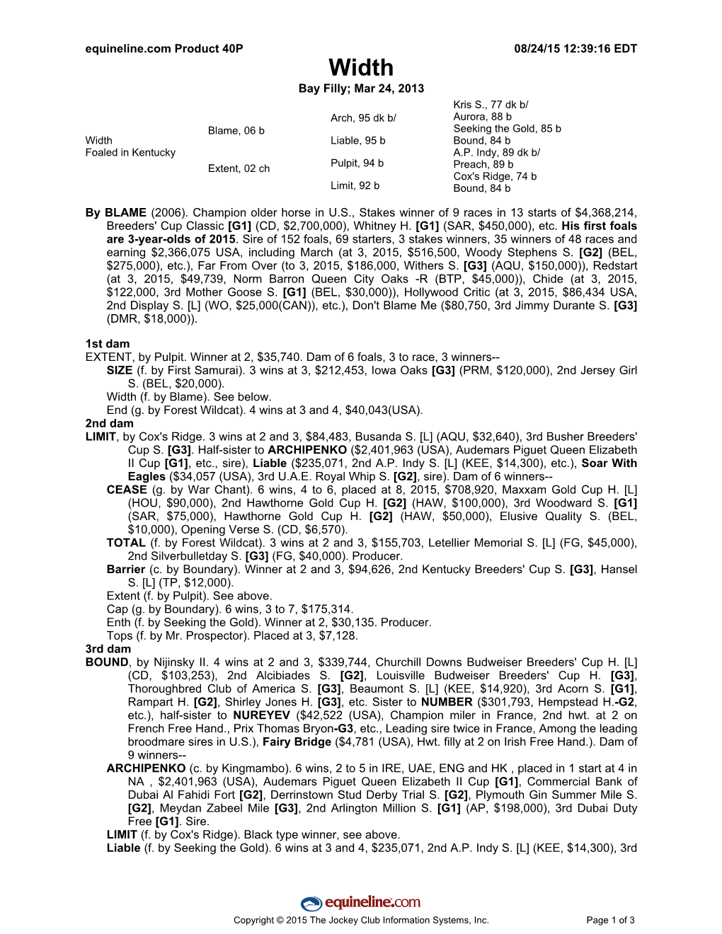 By BLAME (2006). Champion Older Horse in U.S., Stakes Winner of 9 Races in 13 Starts of $4,368,214, Breeders' Cup Classic [G1] (CD, $2,700,000), Whitney H