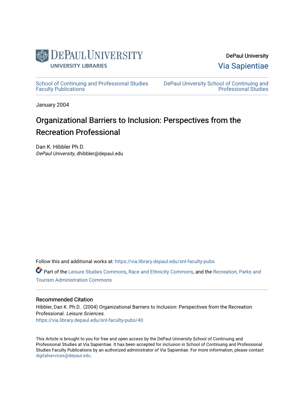 Organizational Barriers to Inclusion: Perspectives from the Recreation Professional