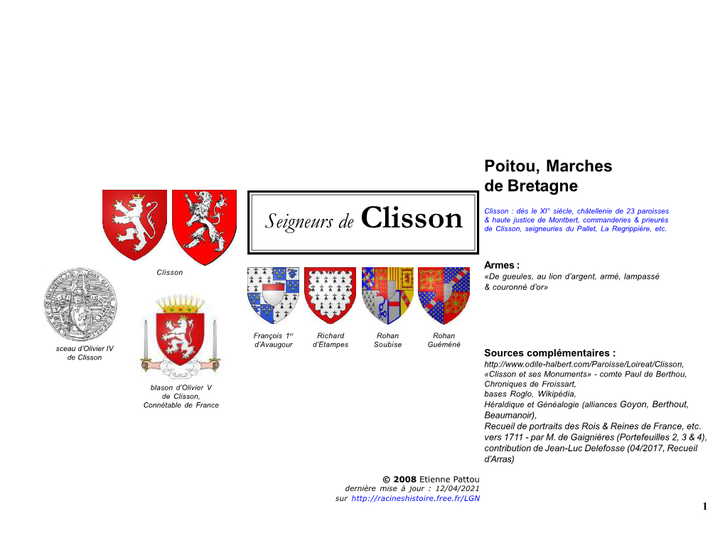 Seigneurs De Clisson De Clisson, Seigneuries Du Pallet, La Regrippière, Etc