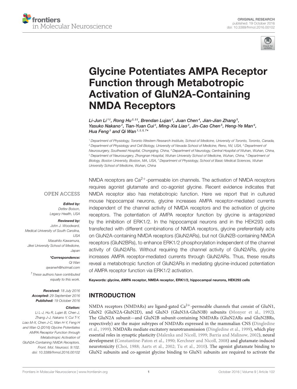 Glycine Potentiates AMPA Receptor Function Through Metabotropic Activation of Glun2a-Containing NMDA Receptors