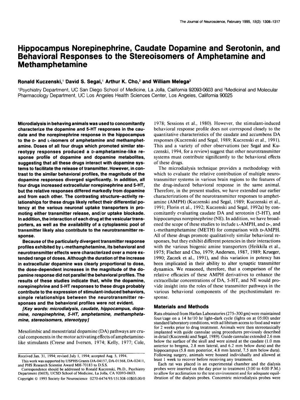 Hippocampus Norepinephrine, Caudate Dopamine and Serotonin, And’ Behavioral Responses to the Stereoisomers of Amphetamine and Methamphetamine