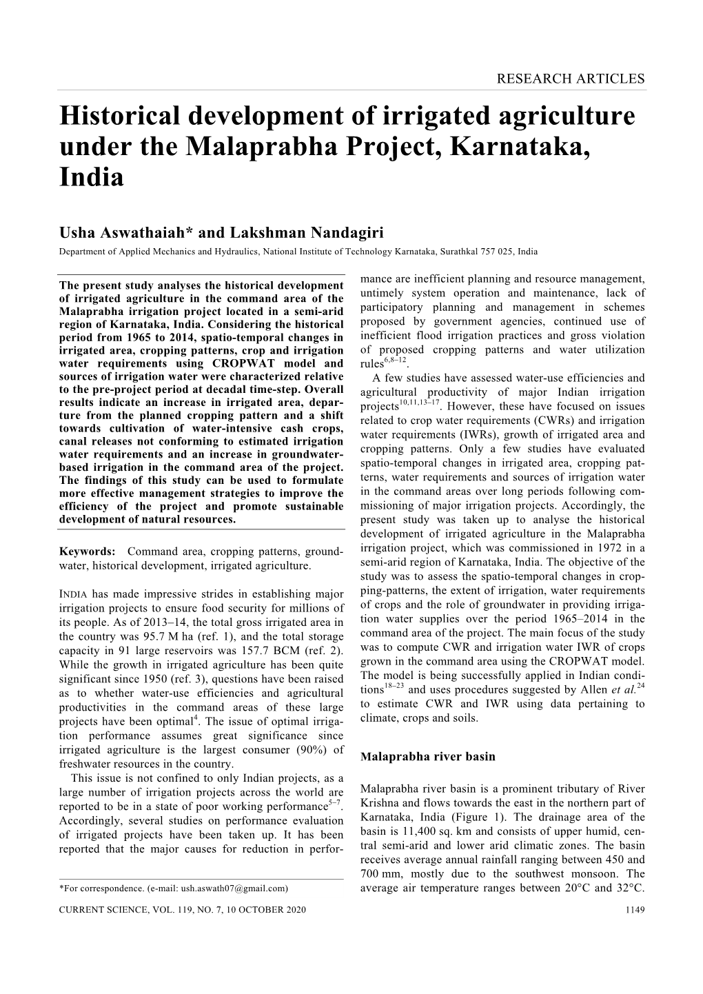 Historical Development of Irrigated Agriculture Under the Malaprabha Project, Karnataka, India