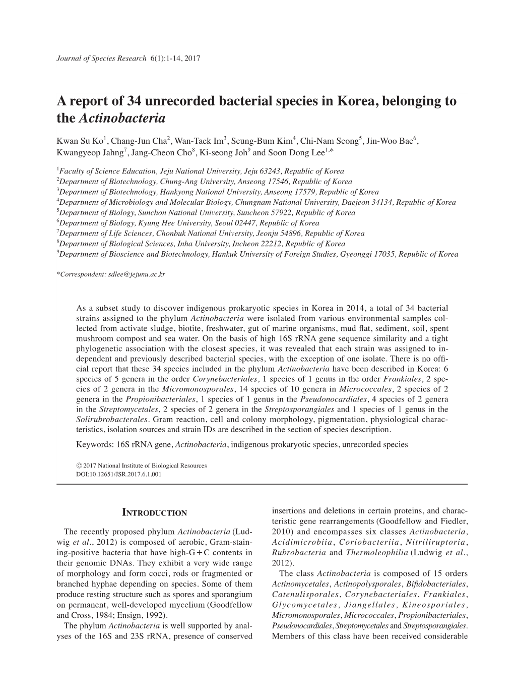 A Report of 34 Unrecorded Bacterial Species in Korea, Belonging to the Actinobacteria