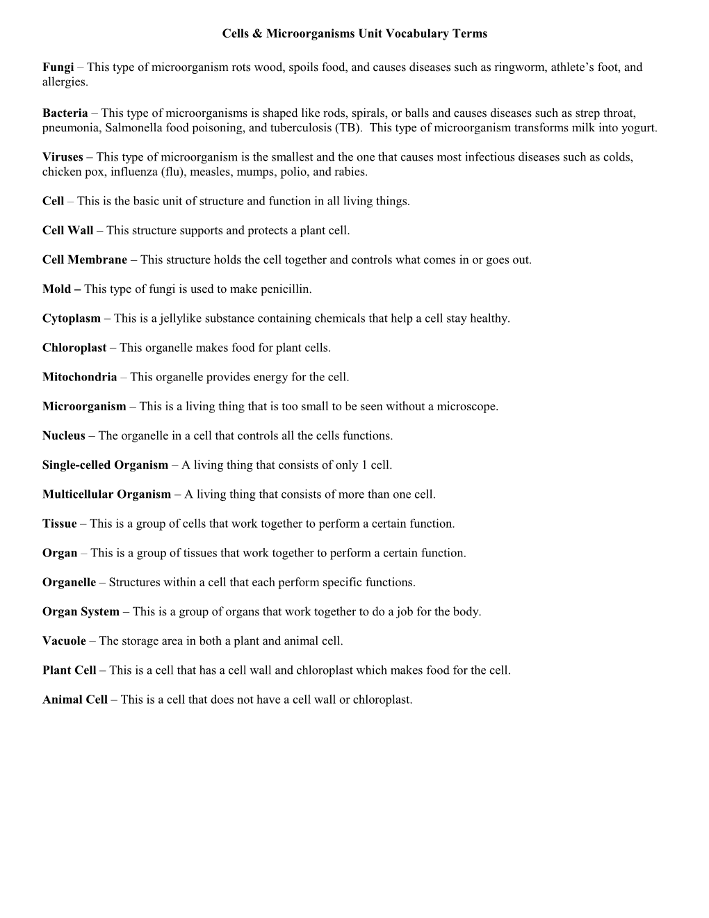 Cells & Microorganisms Unit Vocabulary Terms