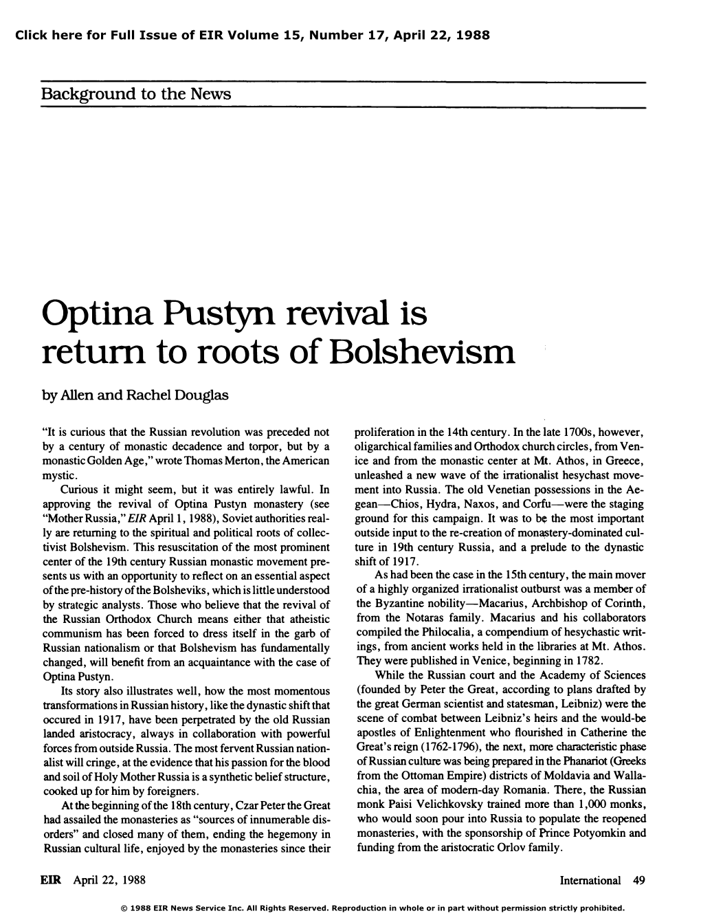 Background to the News: Optina Pustyn Revival Is Return to Roots of Bolshevism