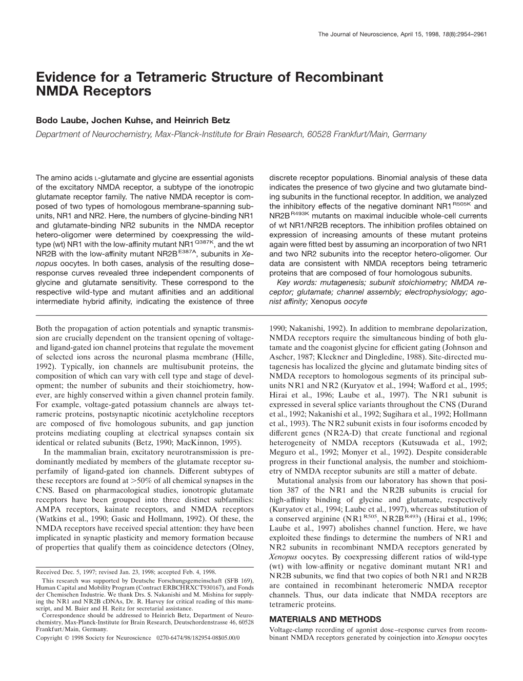 Evidence for a Tetrameric Structure of Recombinant NMDA Receptors